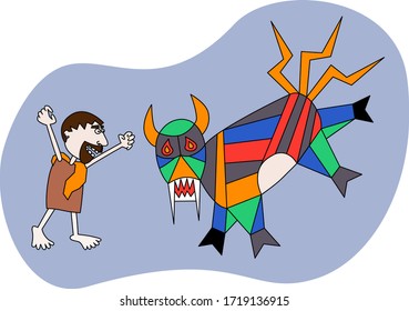 Fifth labour of Hercules, Erymanthian boar in style of primitivism, minimalism, children's drawing for T shirt, cap, bed linen, backpack, pillow, toys, wallpaper