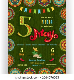 Fifth Mayo fiesta announcing poster template. Text customized for invitation for party. Ornate lettering and Mexican style colorful attributes. Ornamented border and background. Vector illustration.