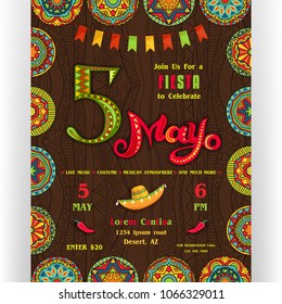 Fifth Mayo fiesta announcing poster template. Text customized for invitation for party. Ornate lettering and Mexican sombrero. Rich ornamented border and background. Vector illustration.