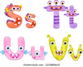 Fifth Set Of Monster Letters On White Background. Colourful Alphabet Of Different Cute Monsters. 