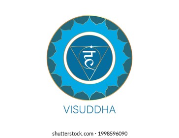 fifth Throat chakra visuddha with the Hindu Sanskrit seed mantra Vam. Blue is a flat design style symbol for meditation, yoga. Round Logo template Vector isolated on white background 