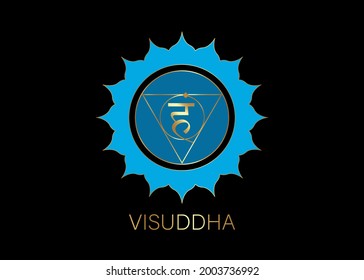fifth Throat chakra visuddha with the Hindu Sanskrit seed mantra Vam. Blue and gold flat design style symbol for meditation, yoga. Round Logo template Vector isolated on black background 