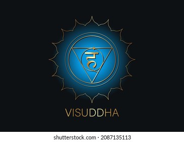 fifth Throat chakra visuddha with the Hindu Sanskrit seed mantra Vam. Blue and gold flat design style symbol for meditation, yoga. Round Logo template Vector isolated on black background