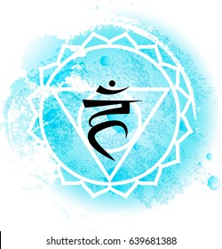 fifth Throat chakra visuddha on light blue watercolor background. Yoga icon, healthy lifestyle concept. Vector illustration