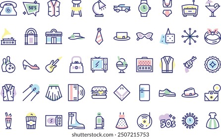 Fifties icons collection is a vector illustration with editable stroke.