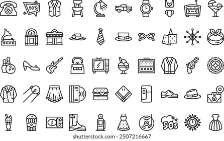 Fifties icons collection is a vector illustration with editable stroke.