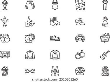 Fifties icons collection is a vector illustration with editable stroke.