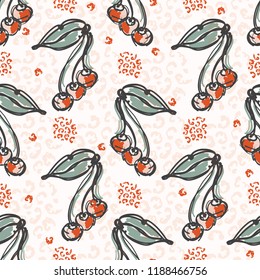 Fifties Style Cherries Sketchy Vector Pattern, Hand Drawn Stylized Cherry Food Illustration,Trendy Kitchen Decor, Vintage Fashion Prints, Canning Labels, Retro Garden Gift Wrap, Vintage Red Pink