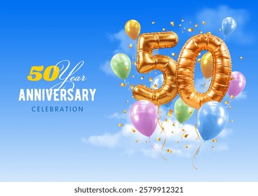 Fiftieth anniversary or birthday celebration. Number 50 in the form of golden balloons. 3D realistic golden numerals, confetti, blue sky background. Template for gala event. Vector illustration