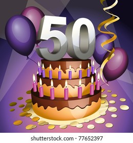 Fiftieth anniversary cake with numbers, candles and balloons