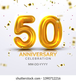Fiftieth Anniversary Celebration Number Vector. Template Of Modern Invitation Postal Decorated Gold Inflatable Number Fifty Like Air Balloon, Foil And Confetti On Background. 3d Illustration