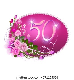 Fiftieth anniversary: An elegant template for jubilee invitation with a pink roses and numbers in floral style.