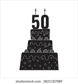 Fiftieth birthday cake silhouette icon with lit candles, birthday