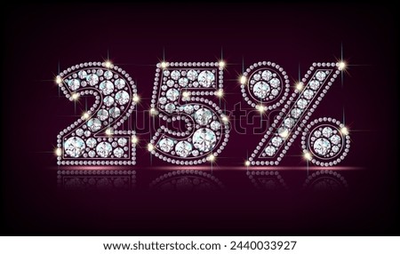 Fifty 25 twenty five percent % figures from sparkling diamonds. Sale, discount symbol. Realistic vector on black background with reflection