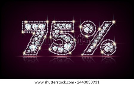 Fifty 75 seventy five percent % figures from sparkling diamonds. Sale, discount symbol. Realistic vector on black background with reflection
