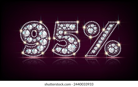 Fifty 95 ninety five percent % figures from sparkling diamonds. Sale, discount symbol. Realistic vector on black background with reflection