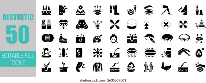 Fifty aesthetic icons editable fill beauty treatment