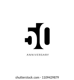 Fifty anniversary, minimalistic logo. Fiftieth years, 50th jubilee, greeting card. Birthday invitation. 50 year sign. Black negative space vector illustration on white background