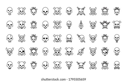 fifty death skulls heads set collection icons vector illustration design