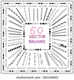 Fifty decorative handmade vector brushes set for universal use. Easy to apply color. Easy to apply to any shape