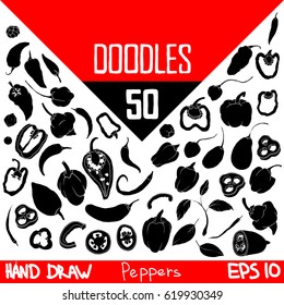 Fifty different peppers.
A large set of doodles for your creativity and business.