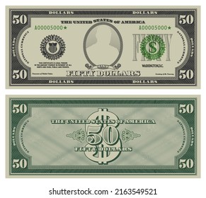 Fifty Dollars Banknote. Gray Obverse And Green Reverse Fictional US Paper Money In Style Of Vintage American Cash.  Frame With Guilloche Mesh And Bank Seals. Grant