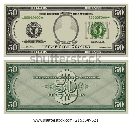 Fifty dollars banknote. Gray obverse and green reverse fictional US paper money in style of vintage american cash.  Frame with guilloche mesh and bank seals. Grant
