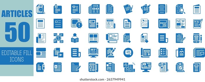 Fifty editable blue fill icons articles news documents