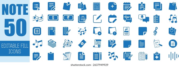 Fifty editable blue note icons music finance checklist