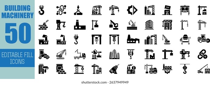 Fifty editable fill icons building machinery construction equipment