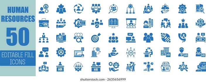 Fifty editable human resources icons blue glyphs