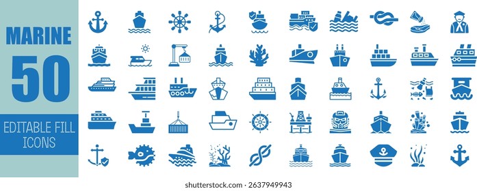 Fifty editable marine icons ship boat vessel sea ocean