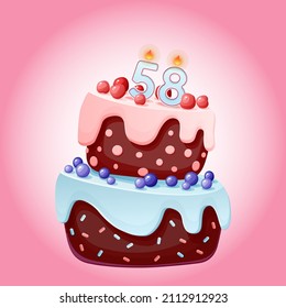 Fifty eight years birthday cake with candles number 58. Cute cartoon festive vector image. Chocolate biscuit with berries, cherries and blueberries. Happy Birthday illustration