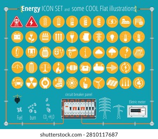 fifty energy icons Set and some cool flat illustrations