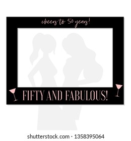 Fifty and fabulous - 50th birthday black and rose gold photo booth frame. Strike a Pose photoshooting with props on sticks. Vector template.
