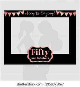 Fifty and fabulous - 50th birthday black and rose gold photo booth frame. Strike a Pose photoshooting with props on sticks. Vector template.
 svg