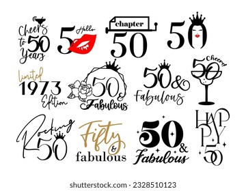 Fifty and fabulous 50th birthday celebration. Cake topper shirt template for cut file set. Cheers to fifty years anniversary. svg
