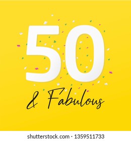 Fifty and fabulous - 50th birthday greeting card, banner for social network and invitation. Strike a Pose photoshooting with props on sticks. Vector template. svg