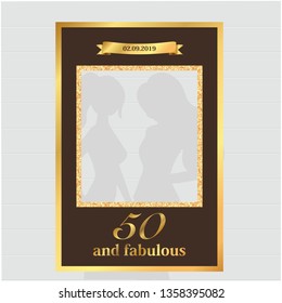 Fifty and fabulous - 50th birthday photo booth frame. Strike a Pose photoshooting with props on sticks. Vector template.
