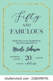 Fifty and Fabulous. Birthday party vector printable invitation card with golden glitter elements. svg