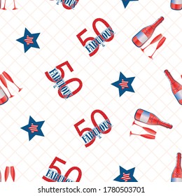 Fifty and fabulous seamless vector pattern background. Red, blue, white text,stars,champagne bottles, glasses on criss cross grid backdrop. Americana style design for birthday, business anniversary