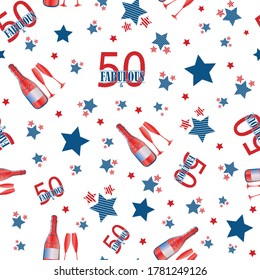 Fifty and fabulous seamless vector pattern background. Red, blue, white backdrop with scattered text,striped stars,champagne bottles, glasses. Americana style design for birthday, business anniversary