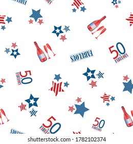 Fifty and fabulous seamless vector pattern background. Red, blue, white backdrop with typography ,striped stars,champagne bottles, glasses. Americana style design for birthday, business anniversary