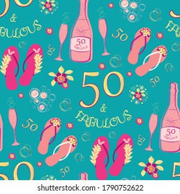 Fifty and fabulous seamless vector pattern background. Luxurious pink,gold, aqua blue backdrop with text, flip flop shoes, Champagne bottles, fizzing glasses, flowers. For birthday celebration concept svg
