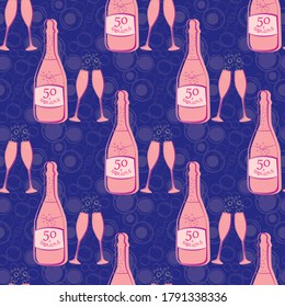 Fifty and fabulous seamless vector pattern background. Girly pink and purple bubble textured backdrop with Champagne bottles, fizzing glasses, text. Geometric repeat for milestone birthday celebration