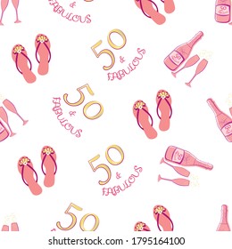 Fifty and fabulous seamless vector pattern background. Girly pink,gold, white backdrop with text, flip flop shoes,, Champagne bottles, fizzing glasses. Feminine milestone birthday celebration concept svg