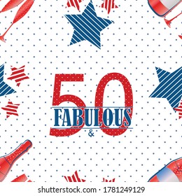 Fifty and fabulous text seamless vector pattern background. Blue red white modern typography with assorted stars on polka dot backdrop. Americana style design for birthday or business anniversary