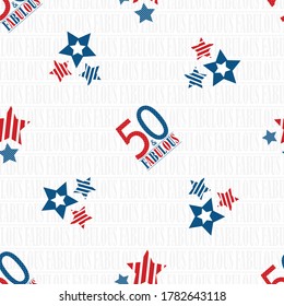 Fifty and fabulous text seamless vector pattern background. Blue red white modern typography on white backdrop with subtle word texture. Diagonal all over print for birthday or business anniversary