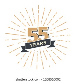 Fifty five anniversary retro vector emblem isolated template. Vintage logo fifty-fifth 55th years with ribbon and fireworks on white background