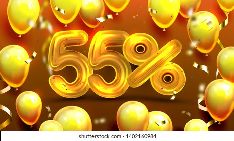 Fifty Five Percent Or 55 Marketing Offer Vector. Business Discount Campaign Banner, Shop Marketing Sale Off On Mother Day, Balloons And Confetti. Unique Offering Realistic 3d Illustration